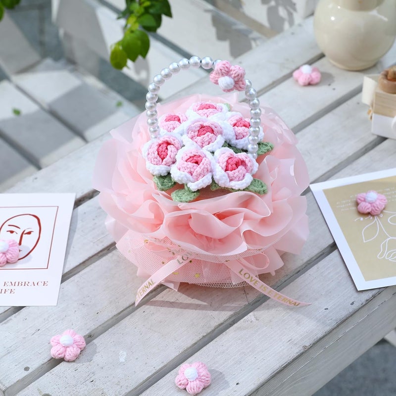 YOOJEE Crochet Flower Bouquet Pink Valentines Day Gift for Her Wife Girlfriend Women Sister Handmade Knitted Rose Basket for Mother Women Teachers Coworkers Gradient Pink Yarn Flower - Image 3
